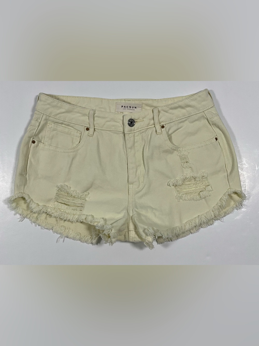 PacSun Distressed Frayed Hem High Rise Festival Denim Shorts Size 26 Lemon Drop